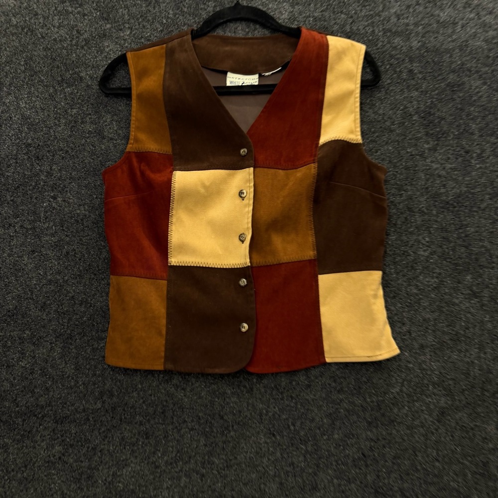 Vintage White Stag Patchwork Vest Brown Tan Rust Suede Look Stretch Retro Boho